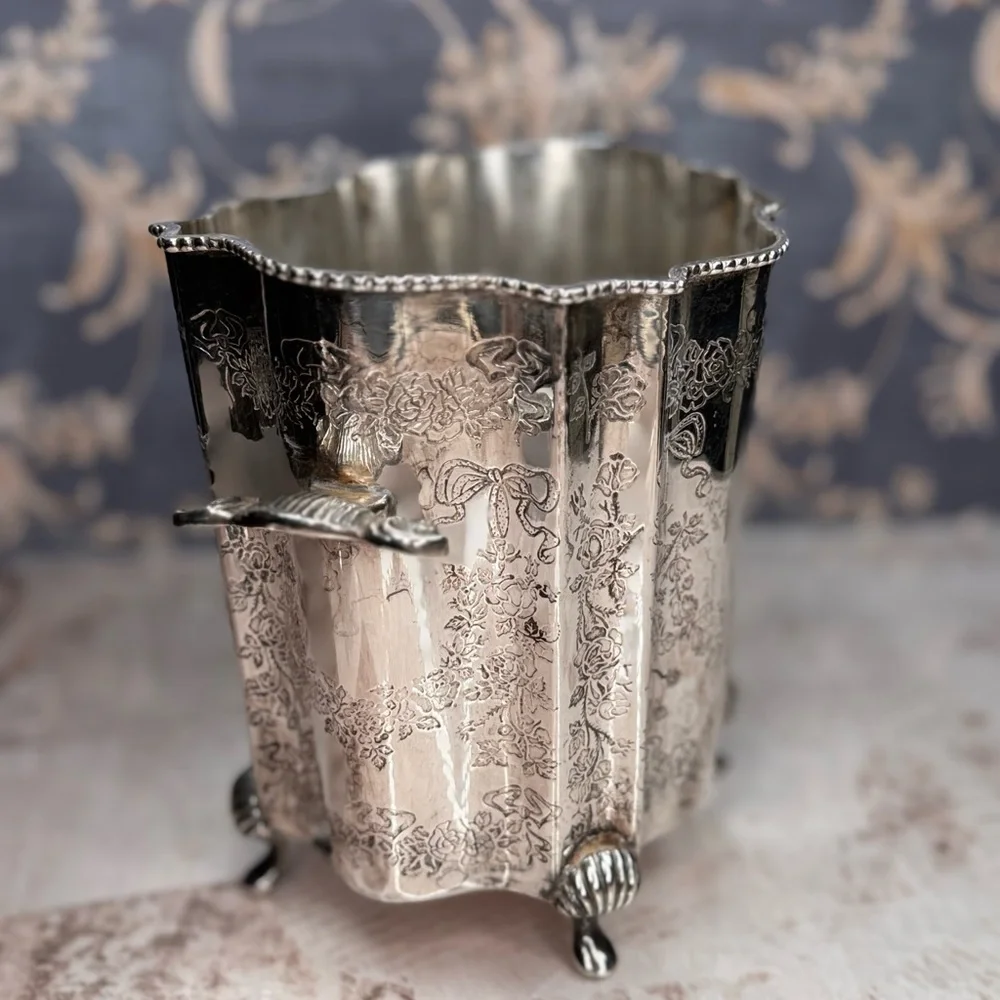 Vintage Ornate Silver Plate Ice Bucket w/ Tongs Floral Etched India Estate
